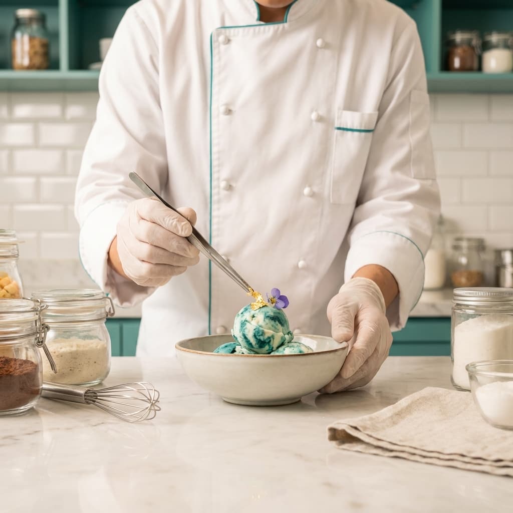Chef garnishing premium ice cream